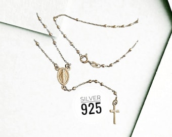 Miraculous Medal Rosary 925 silver Cross Rosary Necklace / Silver Rosary Bead Necklace / Cross Necklace / Virgin Mary Necklace /