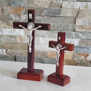 St Benedict Standing cross  crucified Wood Table crucifix Desk Gift