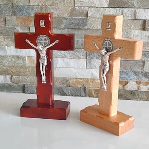 St Benedict Standing cross  crucified Wood Table crucifix Desk Gift