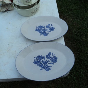 Peut inclure: Deux plats de service ovales blancs avec des motifs floraux bleus. Les plats sont sur une table blanche.