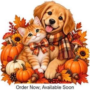 May include: A golden puppy and an orange tabby kitten sitting together surrounded by autumn elements including orange and white pumpkins, sunflowers, red berries, acorns, pinecones, and fall leaves. The puppy wears a plaid scarf and the kitten a plaid bow.