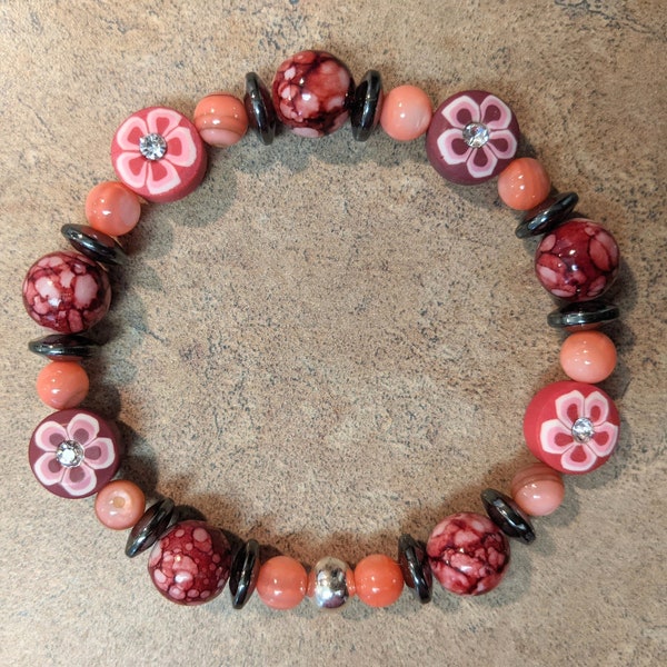 Emotional Support Bracelet - Rhinestone Flowers and Coral Stones with Black Hematite