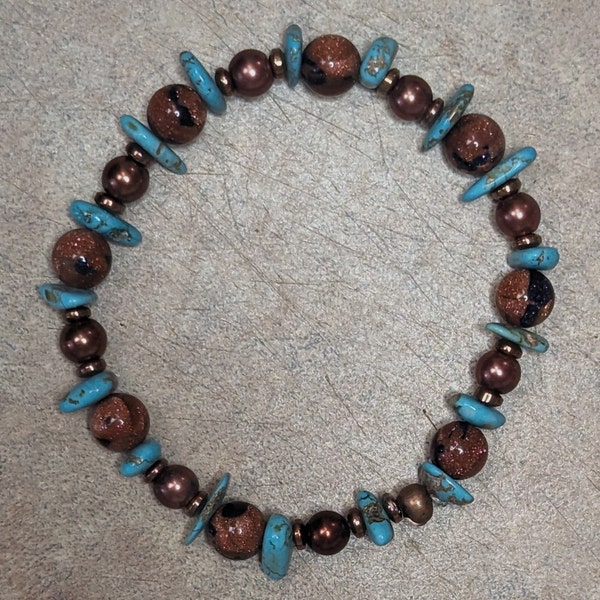 Emotional Support Bracelet - Copper Sparkly with Black Swirls, Turquoise Stones with Copper Hematite