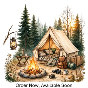 May include: A watercolor illustration of a campsite featuring a beige tent, a campfire in a stone ring, a hanging lantern, a wooden table with a thermos and mugs, a brown backpack, a suitcase, binoculars, and a rolled sleeping mat in a forest.