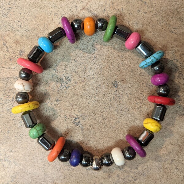 Emotional Support Bracelet - Large Colorful Disks, Dashes, and Dots with Black Hematite