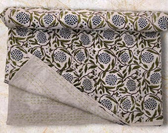 Handmade Floral Kantha Quilt, Reversible Cotton Blanket Coverlet Throw Bedspread Home Decor Quilted Kantha