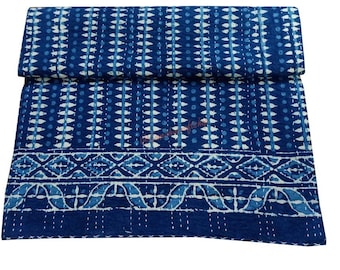 Indigo Blue Kantha Quilt: Hand Stitched Cotton Bedspread Throw (Queen)