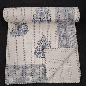 Indian Kantha Quilt Blue Print Hand Block Cotton Handmade Reversible Coverlet Summer Bedding Quilted Stitched Bedding Quilt Kantha