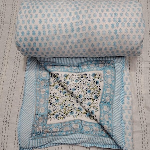 Indian Jaipuri Hand Block Printed Reversible Razai Cotton Handmade Floral Quilt Bedspread Comforter Quilted Kantha