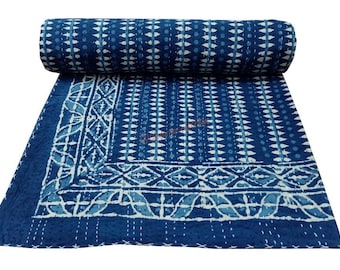 Edredón Kantha azul índigo: manta de algodón cosida a mano