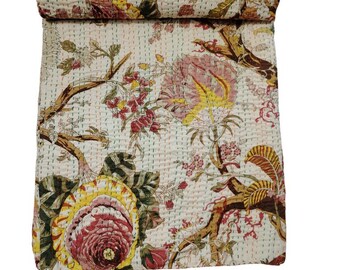 Floral Cotton Kantha Quilt Throw: Reversible Indian Bedding Blanket