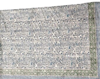 Könnte beinhalten: Eine rechteckige, cremefarbene Steppdecke mit einem sich wiederholenden Blumenmuster in Blau- und Grüntönen. Die Steppdecke hat einen gestreiften Rand in Blau und Weiß und einen grünen Rand. Die Steppdecke ist wahrscheinlich aus Baumwolle.