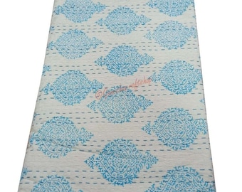 Handmade 100% Cotton Kantha Quilt Queen Bedding, Reversible Indian Coverlet Throw
