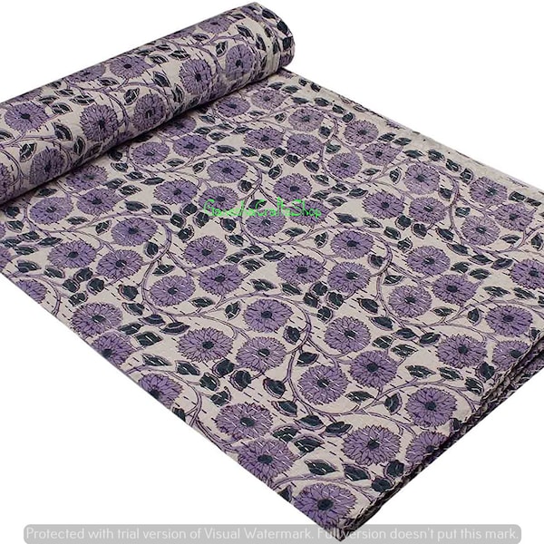 Indian Hand Block Print Kantha Tie dye And Light Purple Floral Print Quilt Handmade Kantha Throw Cotton Coverlet Bedspread Size Twin