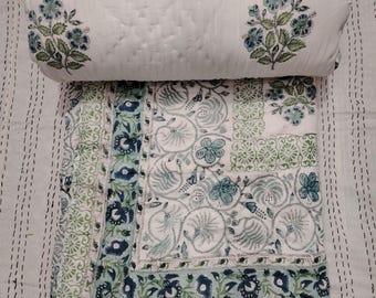 Pure Cotton Handmade Throw Reversible Coverlet Printed Comforter bedding Bedspread Quilted Bed Boho Razai