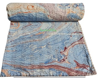 Hand Block Print Kantha Quilt: Orange, Blue Tie Dye Cotton, Queen Size
