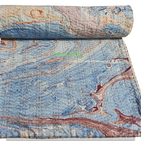 Handbedruckte Kantha-Steppdecke: Orange, Blau Batik-Baumwolle, Queen-Size