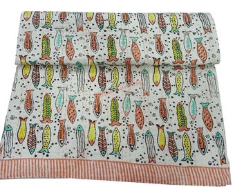 Hand Block Print Cotton Kantha Quilt: Reversible Boho Fish Bedding