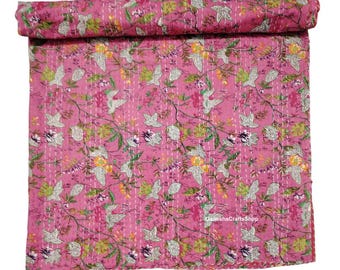 Quilted Kantha Handmade Throw Reversible Coverlet Cotton Indian Quilt