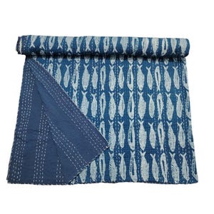 Indian Blue Indigo Fish Print Kantha Quilt Soft Cotton Throw Bedding Bed Cover Sofa Cover Blanket Quilt Kantha