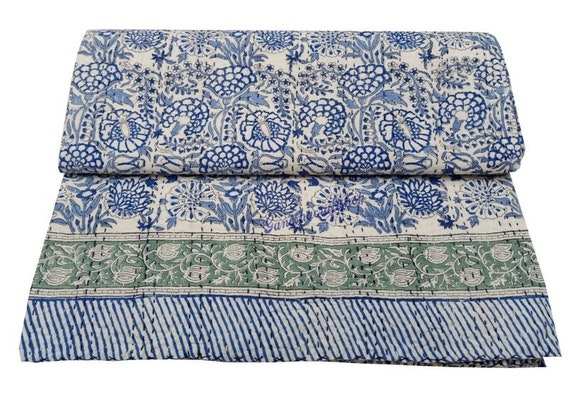 Quilted Kantha Blue Print Handmade Block Throw Reversible Coverlet Kantha Queen Bedding Quilt
