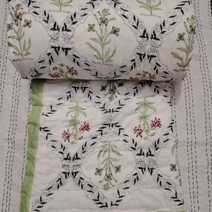 Reversible Hand Block Printed Cotton Queen Size Summer Blanket Quilt Kantha
