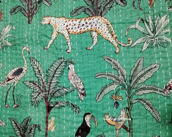 Animal Print Kantha Quilt Handmade Floral Reversible Coverlet Summer Bedding Quilt Comforter