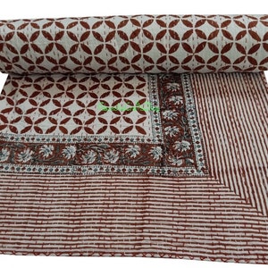 Indian Hand Block Kantha Quilt Queen Throw Kantha Bedspread Cotton Bed Cover Handmade Bedding Quilt Kantha