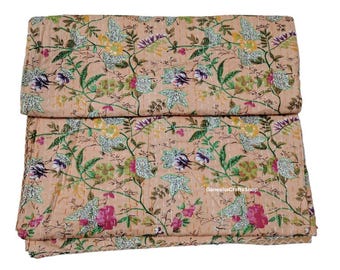 Floral Cotton Kantha Quilt - Handmade Reversible Bohemian Bedding
