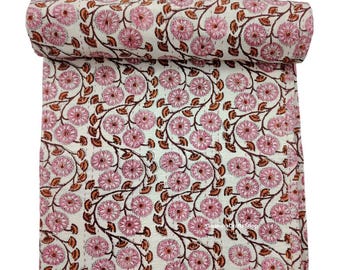 Queen Kantha Quilt: Hand Block Floral Cotton Bedspread Throw Coverlet