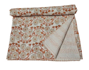 Edredón floral Kantha hecho a mano, manta reversible, ropa de cama con estampado de bloques de algodón Kantha