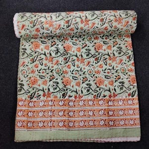 Handmade Indian Kantha Quilt Floral Print Kantha Bedspread Cotton Kantha Throw Bed Cover Hand Stitched Home Decor Quilt