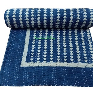 Indische Handgemacht Indigo Blau Gedruckt Genäht Kantha Tagesdecke Baumwolle Bettwäsche Reversible Dekor Kantha