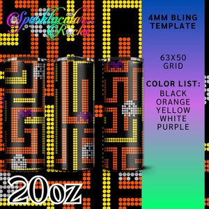 May include: A 20 oz. tumbler design template featuring a black and white Pac-Man maze with orange, yellow, white, and purple dots. The template is 63 x 50 grid and uses 4 mm bling.