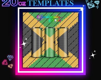 May include: Three 20 ounce stainless steel tumblers with a black, green, and gold geometric pattern. The tumblers are arranged in a row on a background with a similar pattern. The text "BLING TEMPLATES" is at the top of the image.