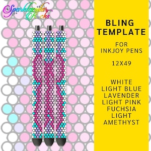 Puede incluir: Tres bolígrafos Inkjoy con un diseño de cuentas en blanco, azul claro, lavanda, rosa claro, fucsia y amatista claro. Las cuentas están dispuestas en un patrón de chevron. Los bolígrafos miden 30,5 cm de largo y 124,5 cm de ancho. El texto "BLING TEMPLATE FOR INKJOY PENS 12X49 WHITE LIGHT BLUE LAVENDER LIGHT PINK FUCHSIA LIGHT AMETHYST" se muestra en el lado derecho de la imagen.