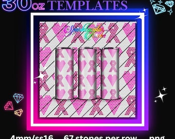 May include: A digital template for a 30 ounce tumbler with a pink and white geometric pattern of hearts and ribbons. The template is designed for use with 4mm rhinestones and has 67 stones per row. The image is labeled "BLING TEMPLATES" and "4mm/ss16 67 stones per row png".