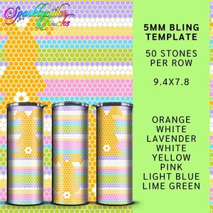 May include: Three 20 ounce stainless steel tumblers with a colourful design of orange, white, lavender, white, yellow, pink, light blue, and lime green circles. The design is a repeating pattern of horizontal stripes. The tumblers are 9.4 inches tall and 7.8 inches wide. 5mm bling template. 50 stones per row.