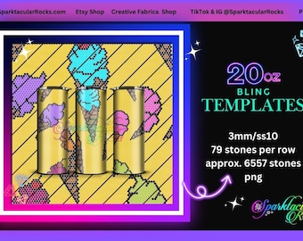 May include: A digital template for a 20 ounce tumbler featuring a pixelated ice cream cone design on a yellow background. The template is for bling applications using 3mm ss10 rhinestones. The template requires approximately 6557 stones and 79 stones per row.