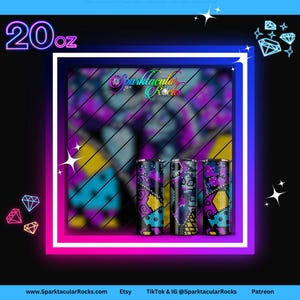 May include: Three 591 ml tumblers with a geometric pattern in teal, purple, and yellow. The tumblers are cylindrical and have a black background. The text "Sparktacular Rocks" is visible. The image is framed with a neon pink and blue border.