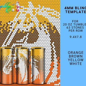 Puede incluir: Una plantilla para un vaso de 20 onzas usando piedras de bling de 4 mm. La plantilla muestra un diseño con piedras naranja, marrón, amarillo y blanco. La plantilla es para 63 piedras por fila y mide 23,9 cm por 19,8 cm.