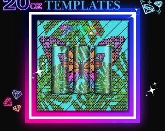 May include: Three 20 ounce stainless steel tumblers with a turquoise, green, and black butterfly design. The tumblers are surrounded by a turquoise and green background with a honeycomb pattern. The text "BLING TEMPLATES" is at the top of the image.