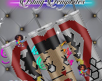 May include: Three 20 oz straight tumblers with lids and straws, featuring a red, black, and white pixelated pattern. Each tumbler displays a small cartoon character with dark hair wearing a colorful hoodie. The text Bling Templates is visible.