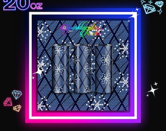 May include: Three 20 oz insulated tumblers with a blue diamond and dot pattern. The tumblers are displayed on a matching background with the text "Sparktacular Rocks". The image has a neon pink and blue border.