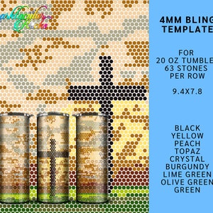 Puede incluir: Una plantilla digital para un vaso de 20 onzas con un patrón de camuflaje y un diseño de cruz. La plantilla es para piedras de bling de 4 mm e incluye los colores negro, amarillo, melocotón, topacio, cristal, burdeos, verde lima, verde oliva y verde. La plantilla mide 9,4 pulgadas por 7,8 pulgadas.