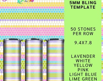 May include: Three stainless steel tumblers with a pattern of lavender, white, yellow, pink, light blue, and lime green 5mm bling stones. The tumblers are 9.4 inches tall and 7.8 inches wide. 50 stones per row. 5MM BLING TEMPLATE.