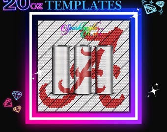 May include: Three 20 ounce stainless steel tumblers with a red and white design featuring the letter "A" in a honeycomb pattern. The tumblers are arranged in a row on a white and black striped background. BLING TEMPLATES is written in black text at the top of the image.