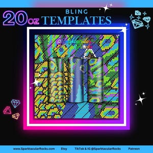 May include: Three 20 oz tumbler templates featuring a geometric pattern in shades of yellow, green, blue, and purple. The background is a dark blue with a diagonal pattern. The text "BLING TEMPLATES" is at the top of the image.
