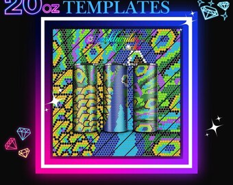 May include: Three 20 oz tumbler templates with a geometric pattern in shades of yellow, green, blue, and purple. The background is a dark blue with a diagonal pattern. The text "BLING TEMPLATES" is at the top of the image.