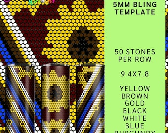 May include: A 5MM bling template for a tumbler with a geometric pattern in yellow, brown, gold, black, white, blue, and burgundy. The template is 9.4 inches by 7.8 inches and has 50 stones per row.